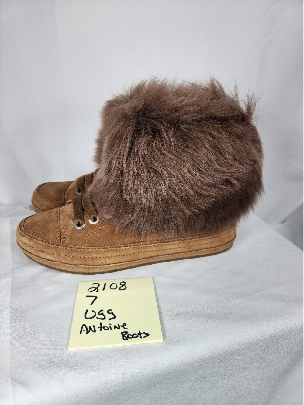 New Without Tags UGG Antoine Brown Suede Fluffy Fur Cuff Sneaker Boots Women's 7